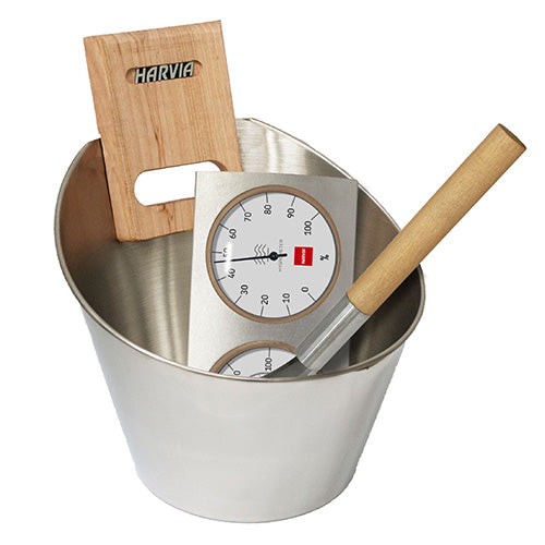 Harvia Steel Bucket and Ladle w/ Thermometer and Hygrometer