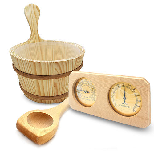 SaunaLife Wooden 1-Gallon Sauna Bucket, Wood Ladle, Thermometer/Hyrometer